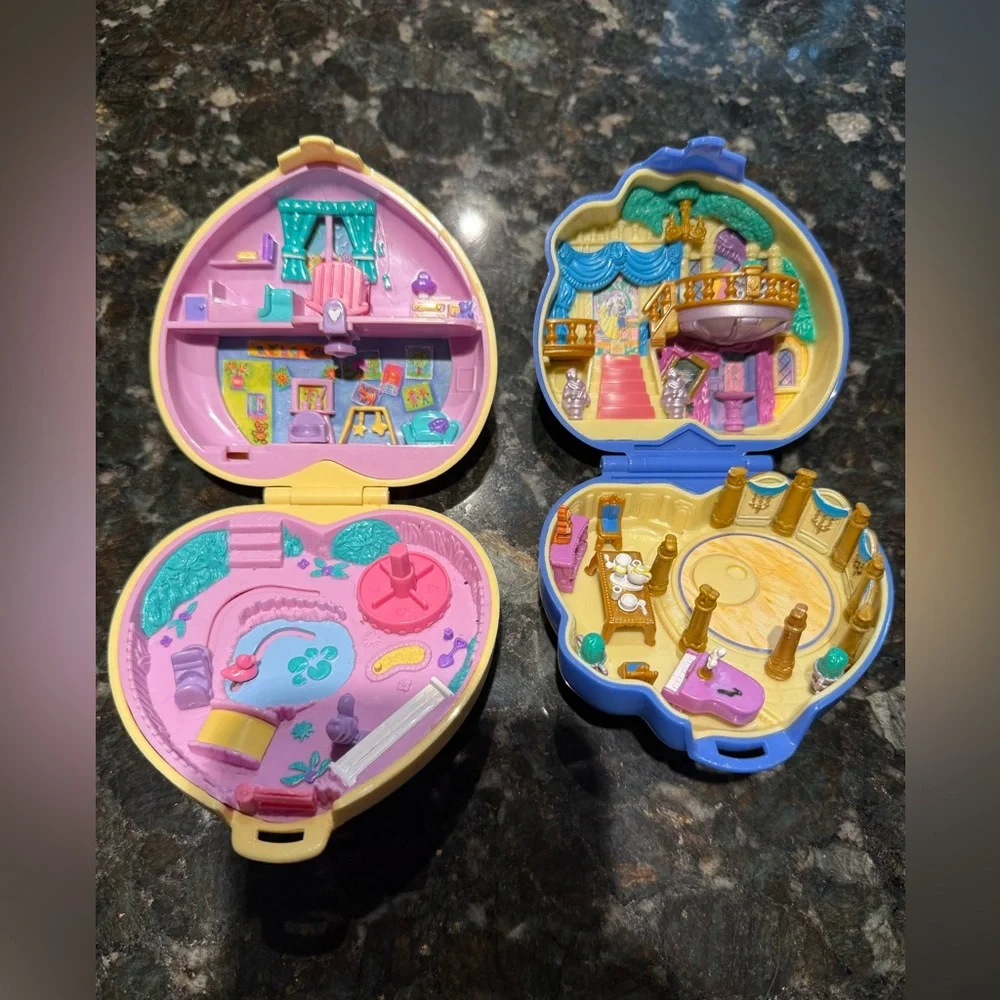 2 VTG 1994 & 1995 Bluebird Polly Pocket Yellow & Blue‎ Hearts Beauty & The Beast